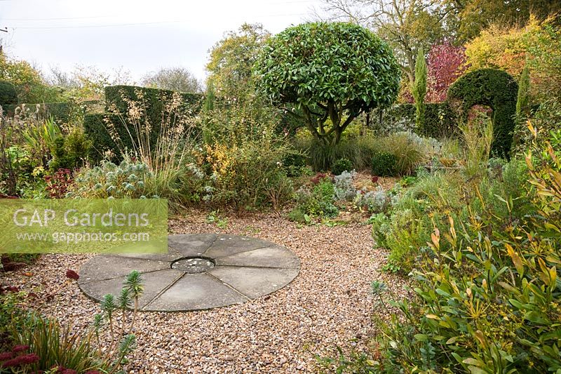 Gravel garden at the back of the cottage is planted with euphorbias, rosemary, lavenders and sedums, plus a portugese laurel, Prunus lusitanica, clipped into a dome shape. A yew archway leads to a woodland garden beyond.
