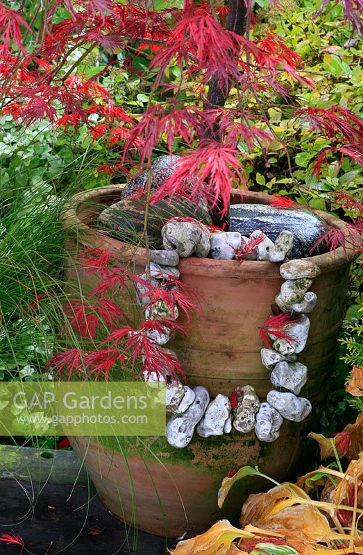 A threaded necklace of flints used to decorate the side of a terracotta pot planted with a Japanese maple. 