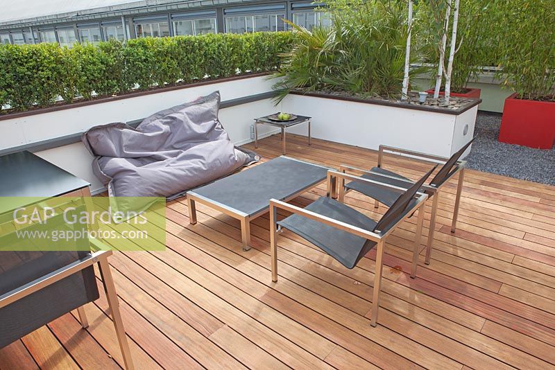 Roof garden terrace, detail seating with lounge cushions. Rotterdam, Holland.