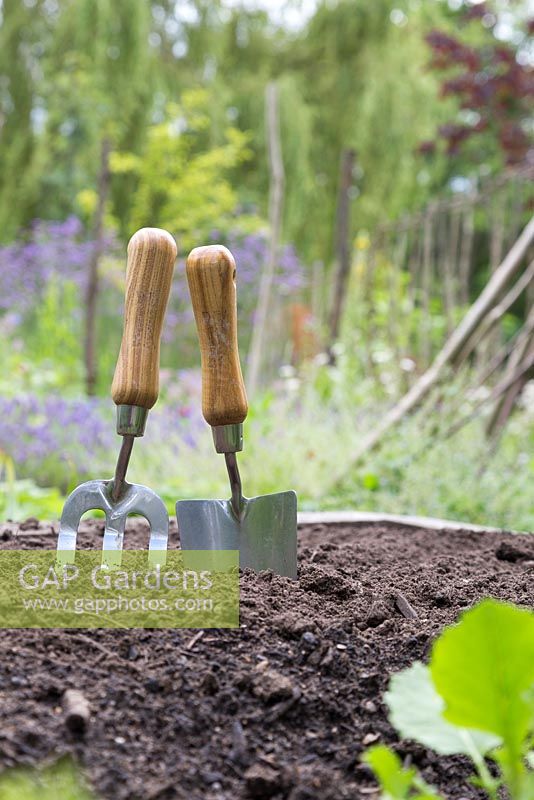 Garden trowel and hand fork in a raised bed