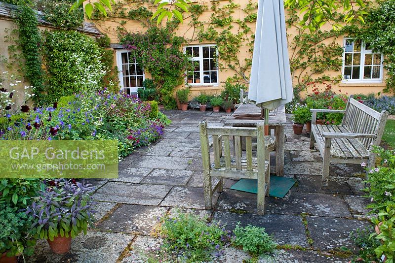 Patio with garden furniture, borders and potted plants. 