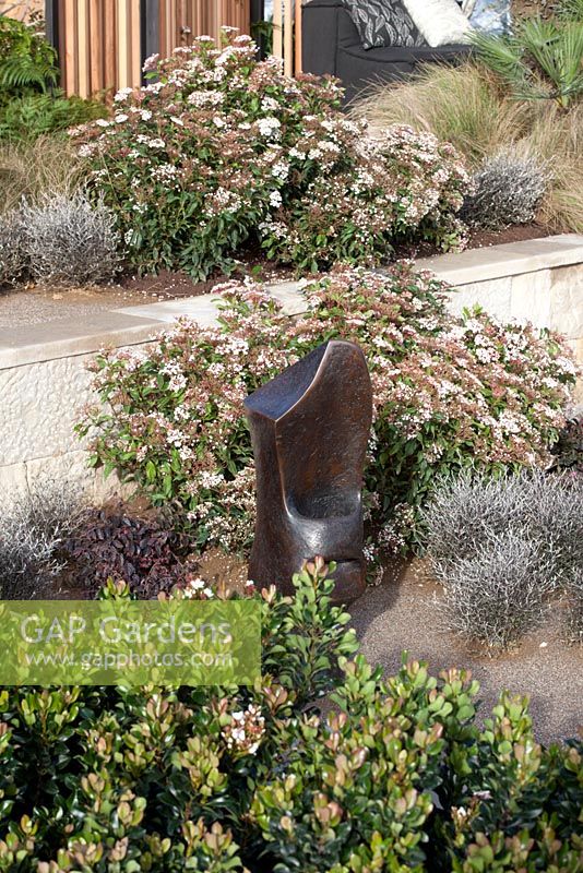 A bronze sculpture with mixed planting of low shrubs and plants featuring Rhaphiolepis 'Snow Maiden', Indian Hawthorn, Virburnum cultivar and Corokia cotoneaster