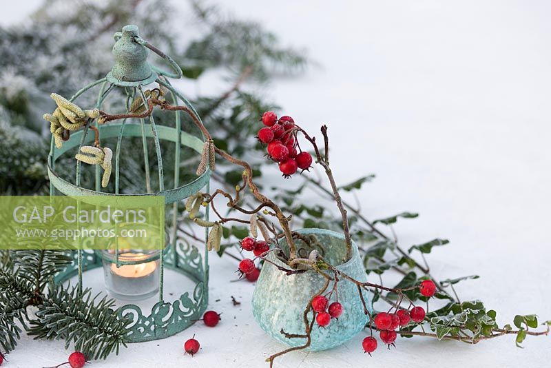 Green wire frame lantern with a lit candle, frosted Hawthorn berries and Corylus avellana branch