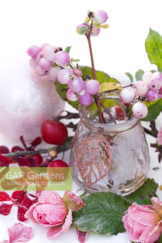 Frosted display of Snowberries in a glass jar, with red Crab apples and pink Roses on a white tray