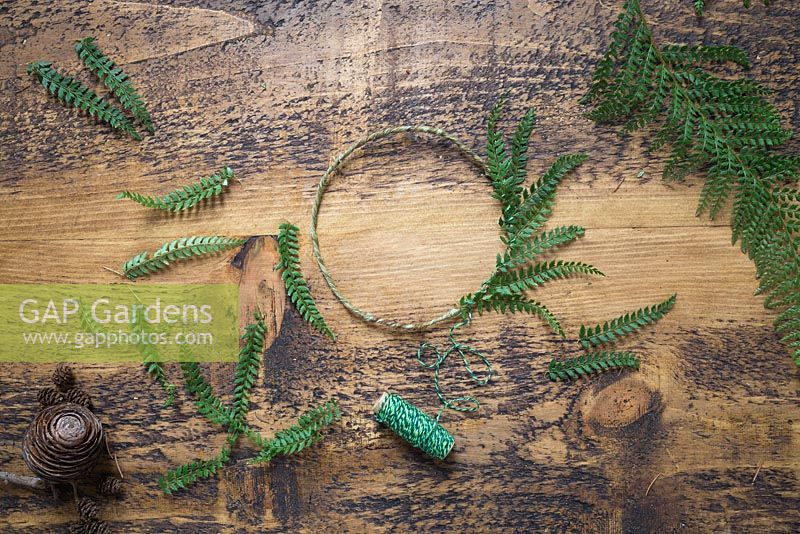 A half way constructed wreath made with Fern fronds