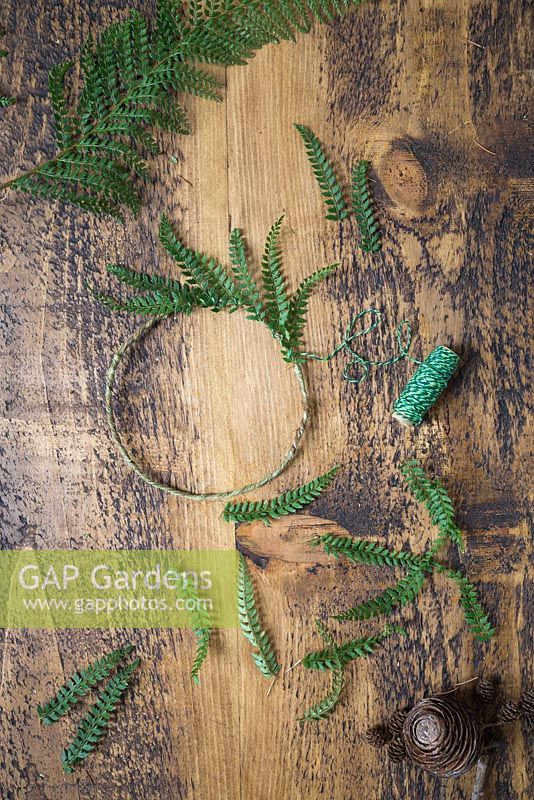 A half way constructed wreath made with Fern fronds