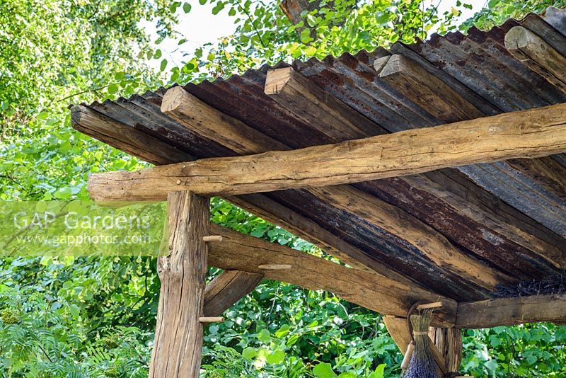 Timber and corrugated metal roof detail at Hampton Court Flower Show 2016