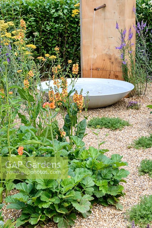Oak water feature with water bowl - Final5: Retreat Garden, RHS Hampton Court Palace Flower Show 2016, Designed by Martin Royer