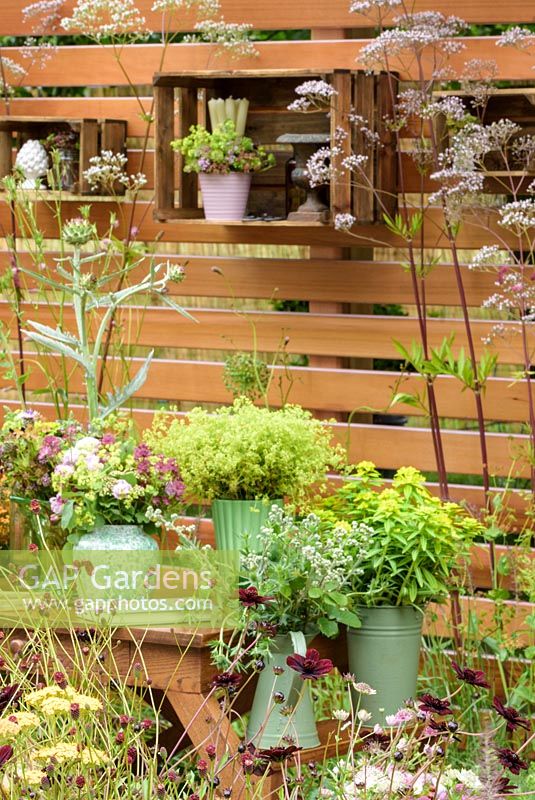 Wooden crates used as shelves and cut flowers in vases with Alchemilla mollis, Rosa 'Blush Noisette', eryngiums, euphorbias, astrantias, sweet williams, grasses and seedheads in Katie's Lymphoedema Fund: Katie's Garden, RHS Hampton Court Palace Flower Show 2016. Design: Noemi Mercurelli and Carolyn Dunster