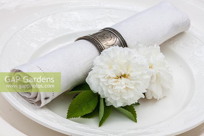 Two roses decorate a white cover with napkin in a silver ring