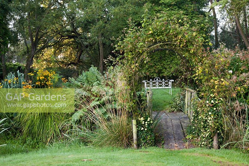 A path under arch in late summer with decorative white metal seat. Ulting Wick, Essex