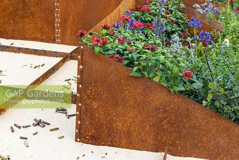 Corten Steel Raised Beds in Peacemaker -Dying Hope Garden, RHS Hampton Court Palace Flower Show 2016.