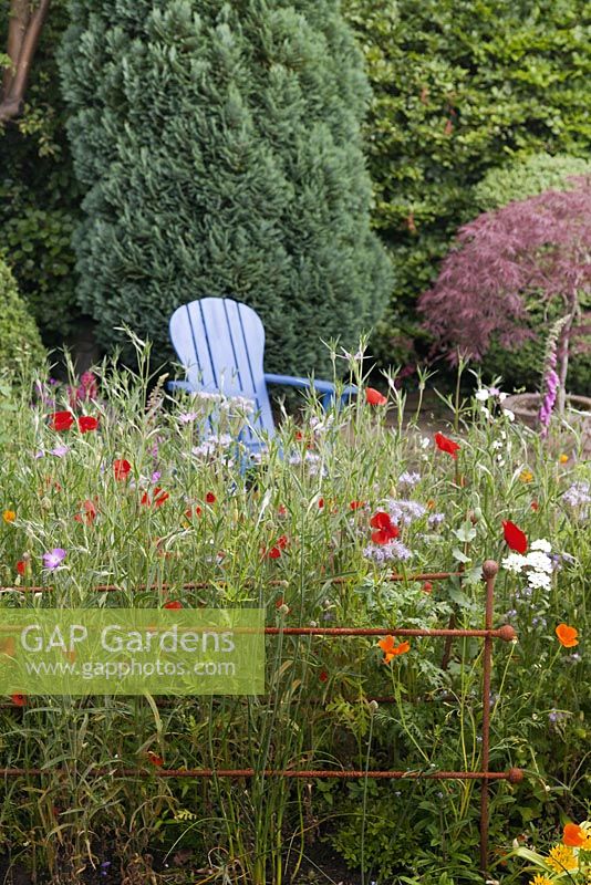 Metal rusted style border edging with red poppies - June, Bollin House, Wilmslow, Cheshire