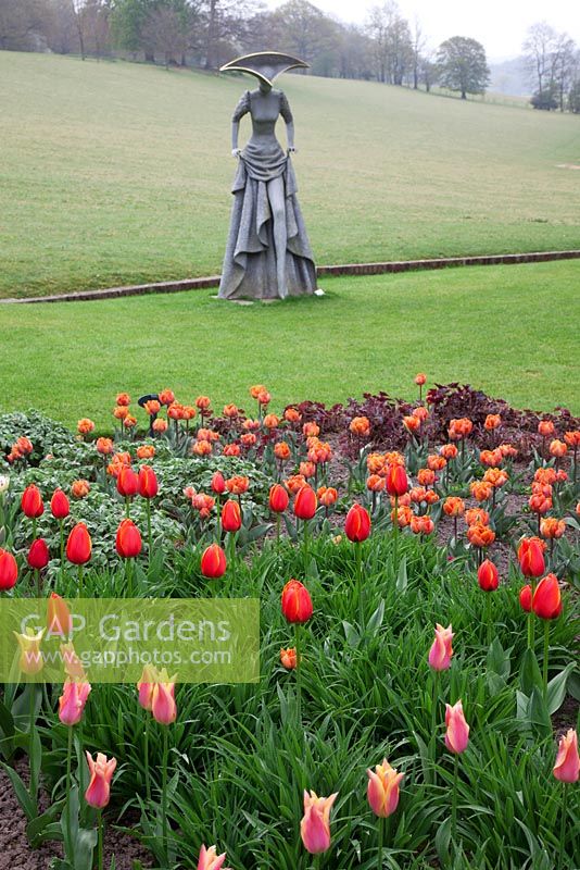 View of the hot coloured tulip beds in the herbaceous borders and  surrounding countryside with focal sculpture 'The Glass Slipper' by Philip Jackson.  Tulipa 'World's Favourite', Tulipa 'Marianne' and Tulipa 'Orange Princess'