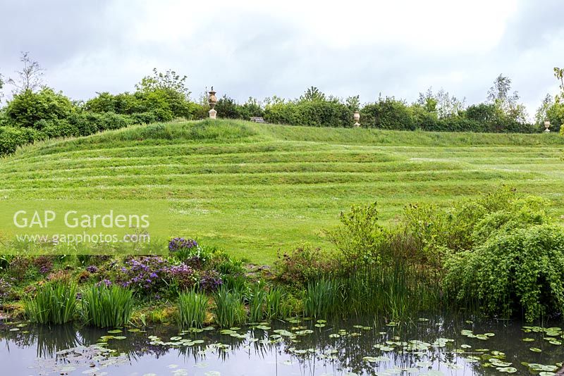The grassy terraces of the amphitheatre flow down to the water's edge, and a planting of lower-growing blue and purple azaleas including Rhododendron russatum, R. impeditum, and R.  impeditum 'Ramapo'.