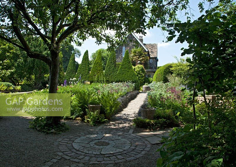 View of the Canal Garden and Yew sails from the Folly, York Gate garden, Adel, Leeds, UK