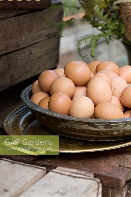 A brass bowl with brown chicken eggs on a brass tray sitting on top of an old rusty trunk.