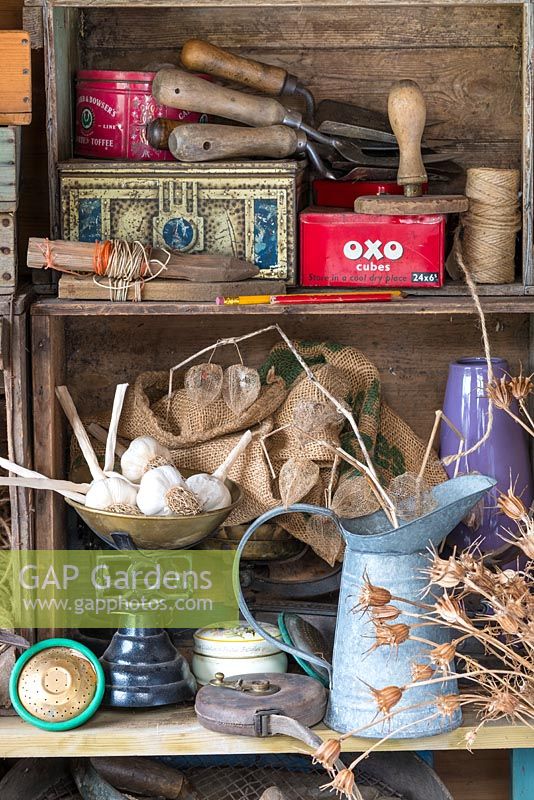 View of potting shed interior showing various items.