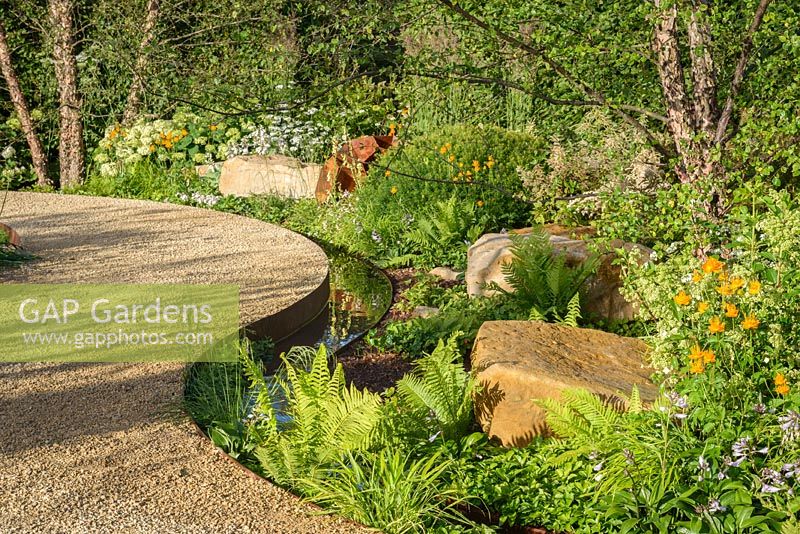 Curved path meandering among Betula nigra 'Heritage' and woodland planting and large sandstone boulders next to water rill. Vestra Wealth: Encore - A Music Lover's Garden at RHS Hampton Court Palace Flower Show 2015. Designed by Paul Martin