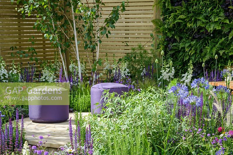 A circularstone patio with two purple cushion seats surrounded by purple blue and white planting with Agapanthus africanus 'Midnight Star', Salvia nemorosa 'Cardonna', Chamaemelum nobile, Pennisetum orientale 'Tall Tails' and Verbena rigida. - The Wellbeing of Women Garden. RHS Hampton Court Flower Show 2015. -Designers: Wendy von Buren, Claire Moreno and Amy Robertson.