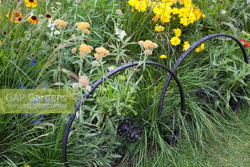 Bike wheels used as edgings for border in the Oregon garden at RHS Hampton Court Palace Flower Show 2016