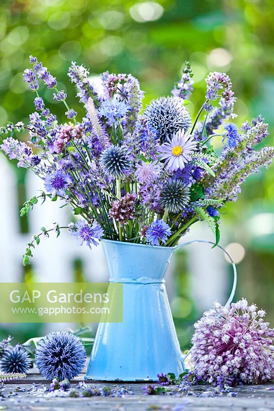 Jug of blue and purple summer flowers. Cornflower, Echinops ritro, chives, origanum, veronicastrum, elephant garlic, lavandula, Verbena bonariensis.