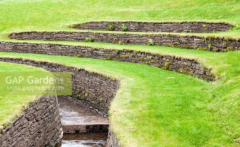 Canalised stream and Garden Theatre,Monmouthshire, Wales