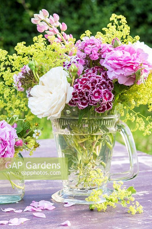 Summer floral arrangement in glass jug with roses, alchemilla mollis and Dianthus barbartus