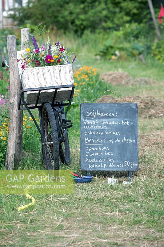 Bicycle basket filled with flowers and slate board with the list of which vegetables to harvest