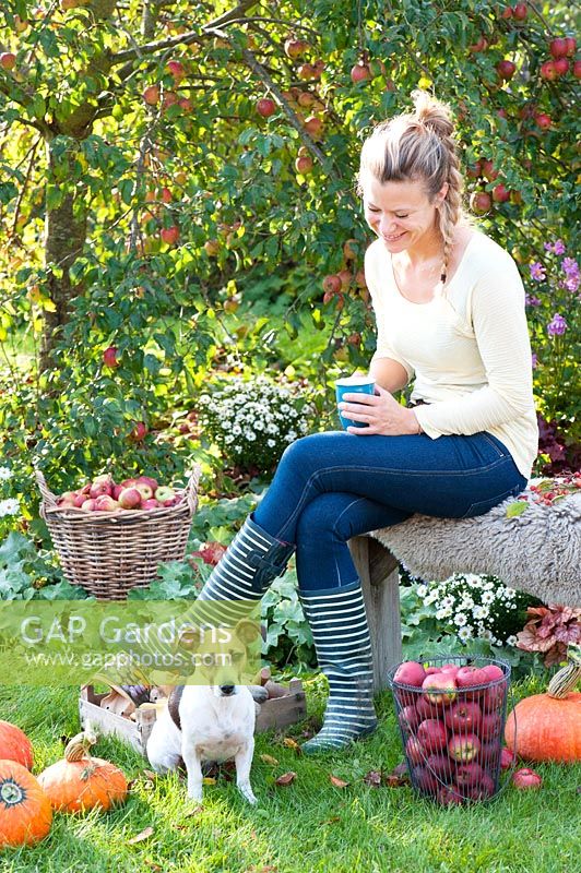 Woman relaxing in garden with harvested apples and pumpkins