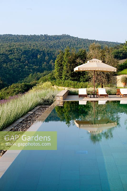 Swimming pool with views across countryside. Castiglion del Bosco. Montalcino, Tuscany, Italy