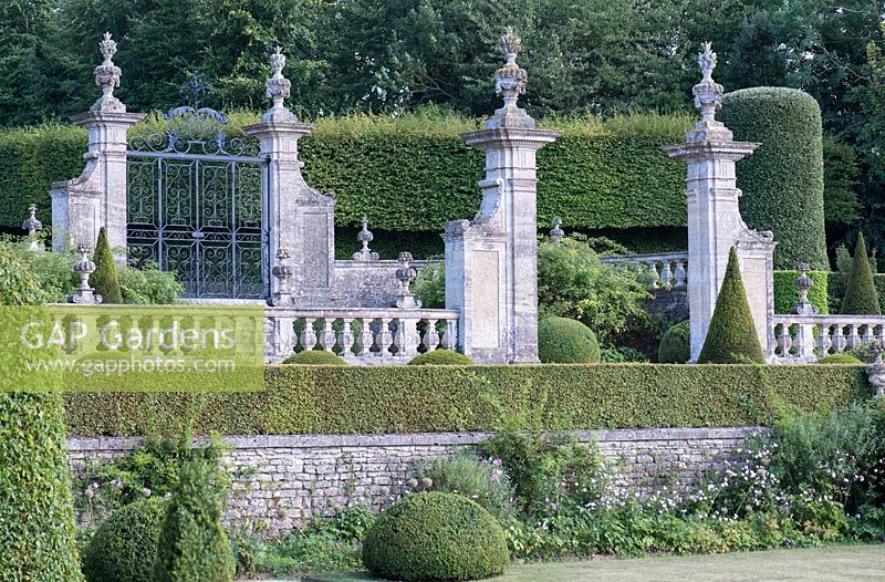 17th century iron gates and terrace at Chateau de Brecy, Normandy, France