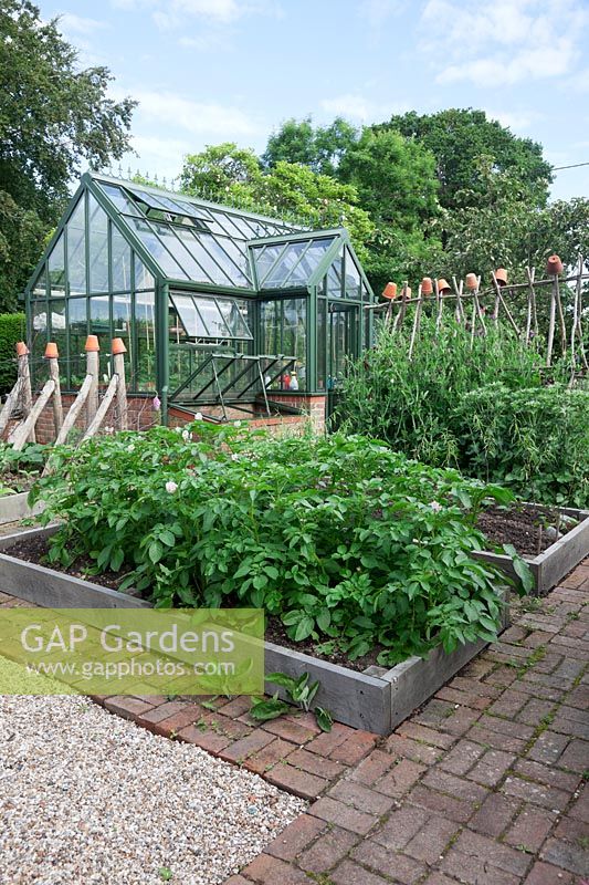 Greenhouse in kitchen garden, brick paved with oak sleeper raised beds, planted with Potatoes and Sweet Peas on hazel support.