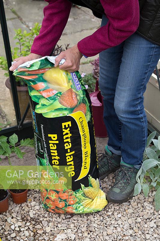Woman shaking large growbag to loosing the compost inside in preparation for planting