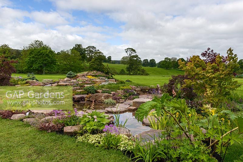 Borrowed Landscape in Naturalistic Water Garden - Jackie Knight's Just Add Water - RHS Chatsworth Flower Show 2017. Designer: Jackie Sutton - Built and sponsored by: Jackie Knight Landscapes