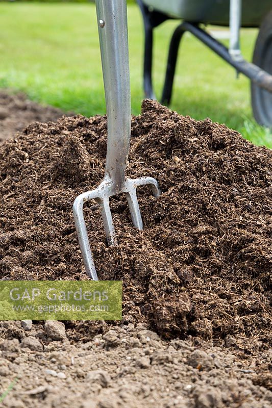 Manure on soil with fork