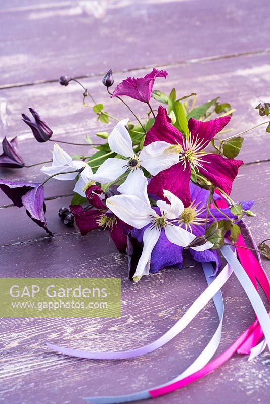 Clematis flowers displayed on wooden table with ribbons
