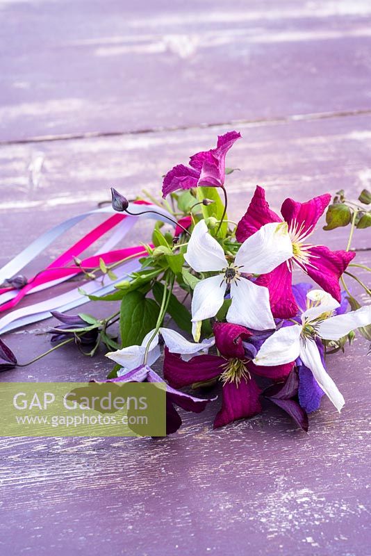 Clematis flowers displayed on wooden table with ribbons