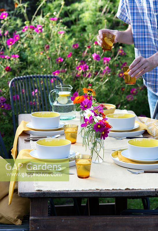Preparing an outdoor table for a Summer party
