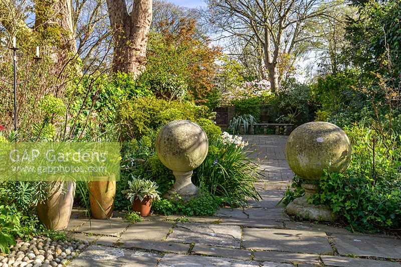A garden view with Euphorbia, ivy overgrowing the stone wall, mature trees, potted plants  and two architectural stone globes on pedestals
