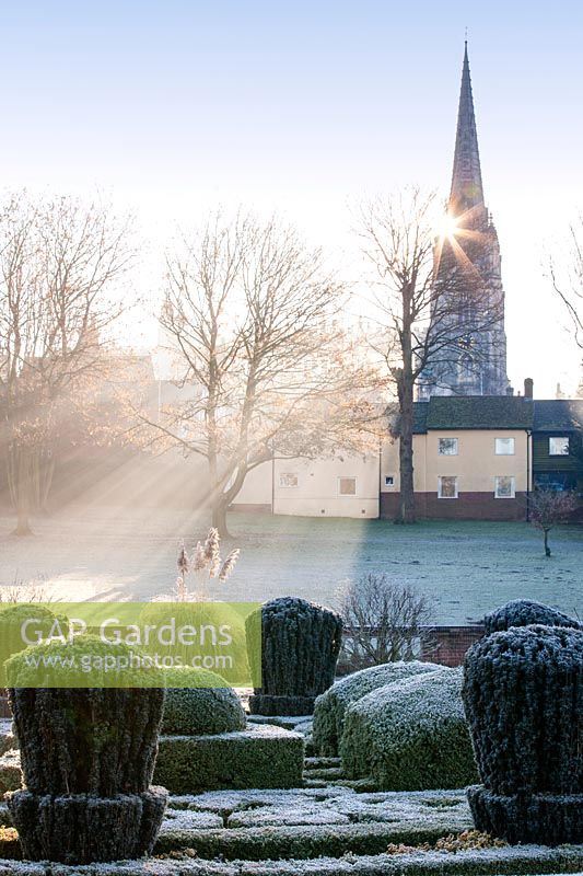 Frosty parterre. The Dutch Garden, Bridge End Garden, Saffron Walden, Essex