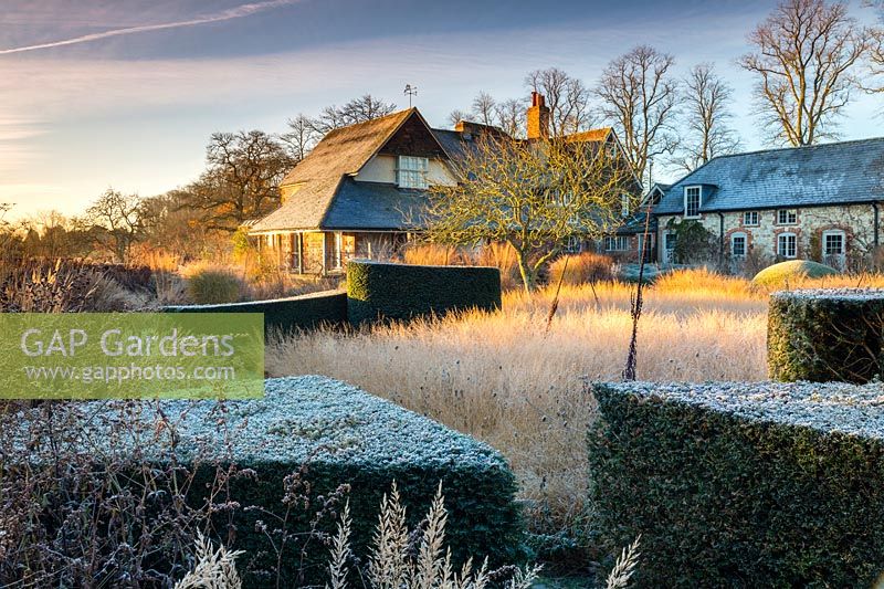The Courtyard Garden in Winter at Bury Court Gardens, Hampshire, UK. Designed by Piet Oudolf and John Coke.