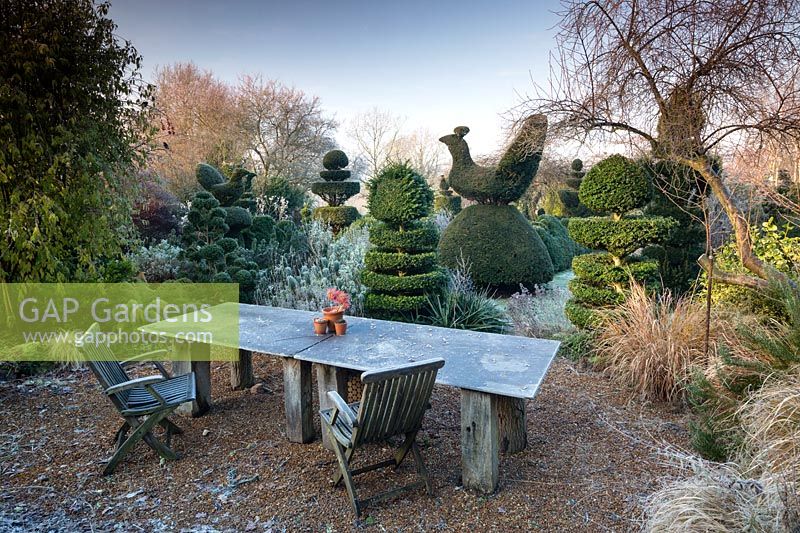 Table and chairs and Yew and Box topiary in Charlotte and Donald Molesworth's garden, Kent, UK.