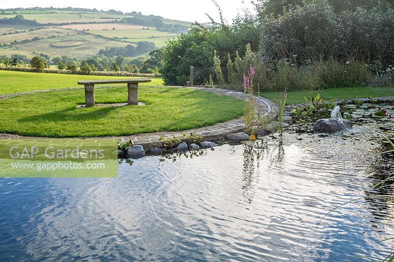 Looking across the Natural swimming pool and out into the stunning cotswold rolling countryside.