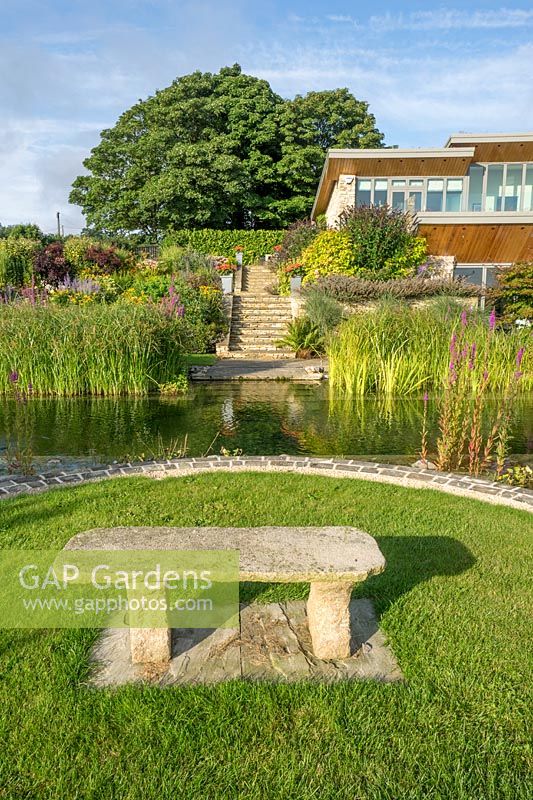 The stone bench leads the eye into the garden across the natural swimming pool