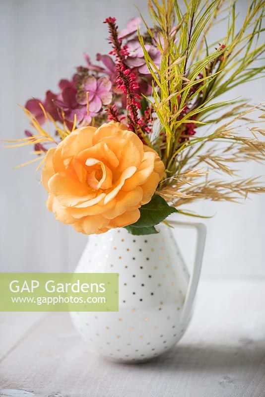 Bouquet of autumn flowers including orange scented rose, Persicaria amplexicaulis - red bistort, Hydrangea paniculata, Amsonia hubrichtii and dried flowers of Stipa gigantea in a vase against white wooden background.
