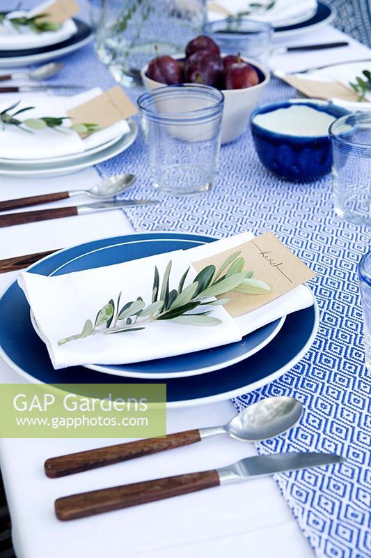 Outdoor dining table dressed in shades of blue. Pockets are made in the folded napkins to put name card and each setting is finished with an olive branch