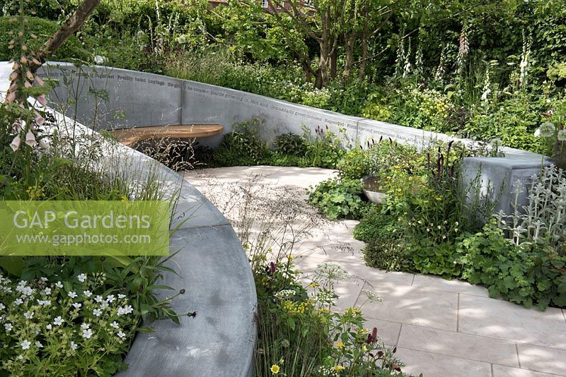 Planting including Lady's Mantle, Alchemilla mollis, Geums, Thyme, Persicaria bistorta and Foxgloves -  'The Jo Whiley Scent Garden' RHS Chelsea Flower Show 2017 - Designers: Tamara Bridge and Kate Savill - Sponsor: RHS
