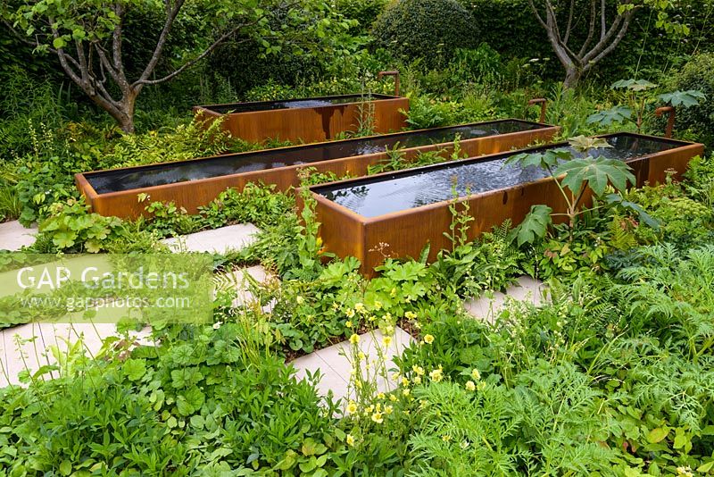 Three rusty weathered steel water tanks surrounded by woodland shady planting with ferns and Geum 'Banana Daiquiri' Cocktails series - The Zoe Ball Listening Garden - RHS Chelsea Flower Show 2017 - Designer: James Alexander-Sinclair