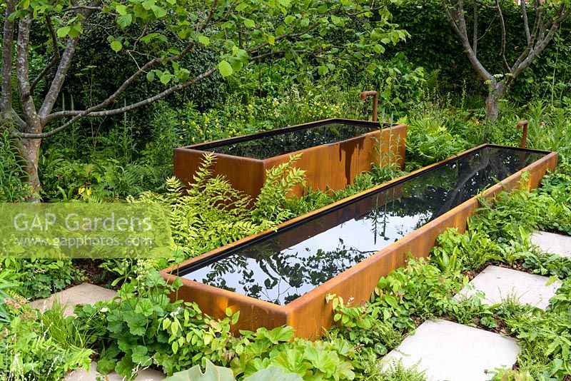 Three rusty weathered steel water tanks surrounded by woodland shady planting with ferns including Dryopteris 'Brilliance' and Epimedium -  The Zoe Ball Listening Garden - RHS Chelsea Flower Show 2017 - Designer: James Alexander-Sinclair

